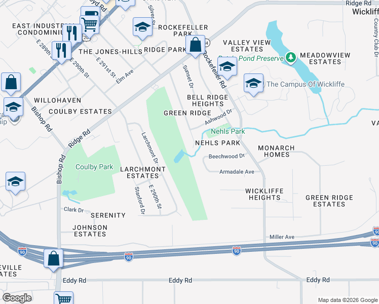 map of restaurants, bars, coffee shops, grocery stores, and more near 2316 Green Ridge Drive in Wickliffe