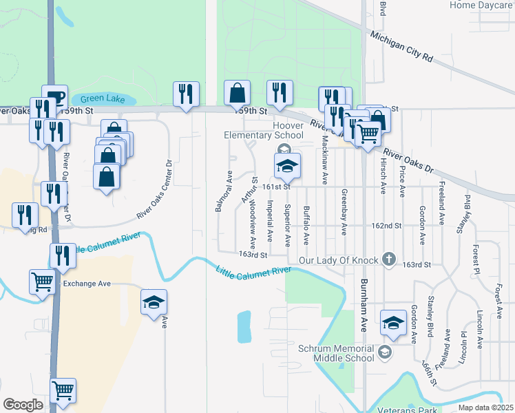 map of restaurants, bars, coffee shops, grocery stores, and more near 1329 Woodview Avenue in Calumet City