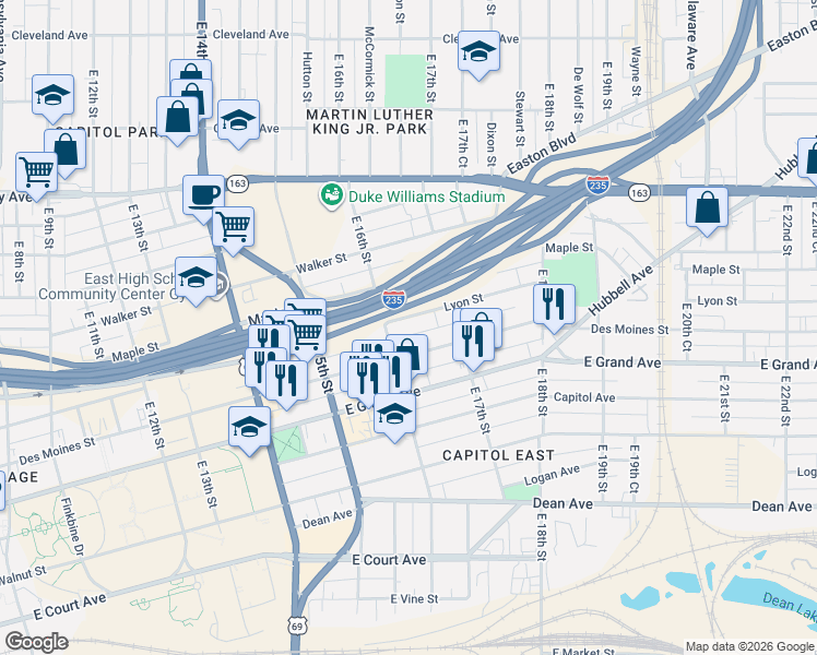 map of restaurants, bars, coffee shops, grocery stores, and more near 1613 Lyon Street in Des Moines