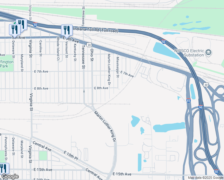 map of restaurants, bars, coffee shops, grocery stores, and more near 809 Martin Luther King Drive in Gary