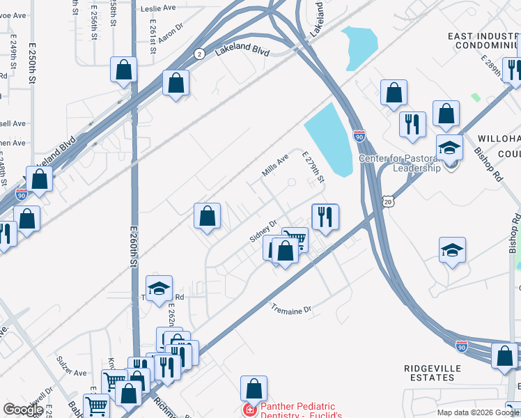 map of restaurants, bars, coffee shops, grocery stores, and more near 27402 Tungsten Road in Euclid