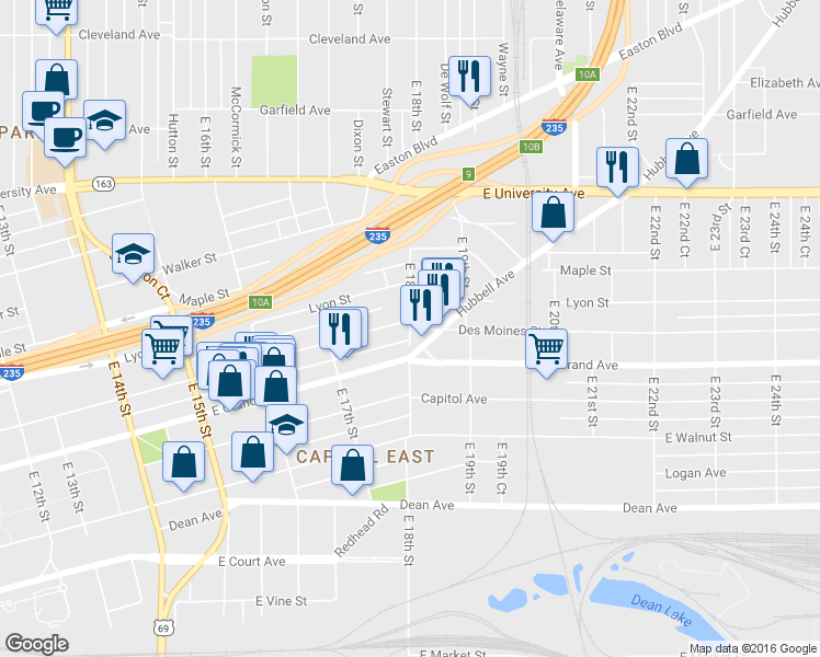 map of restaurants, bars, coffee shops, grocery stores, and more near Des Moines Street in Des Moines