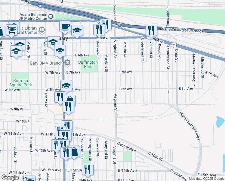 map of restaurants, bars, coffee shops, grocery stores, and more near 800 Virginia Street in Gary