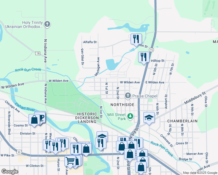 map of restaurants, bars, coffee shops, grocery stores, and more near 317 Queen Street in Goshen
