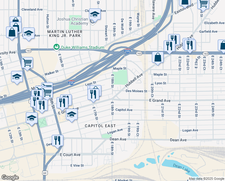 map of restaurants, bars, coffee shops, grocery stores, and more near Des Moines Street in Des Moines