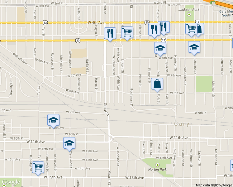 map of restaurants, bars, coffee shops, grocery stores, and more near 811 Johnson Street in Gary