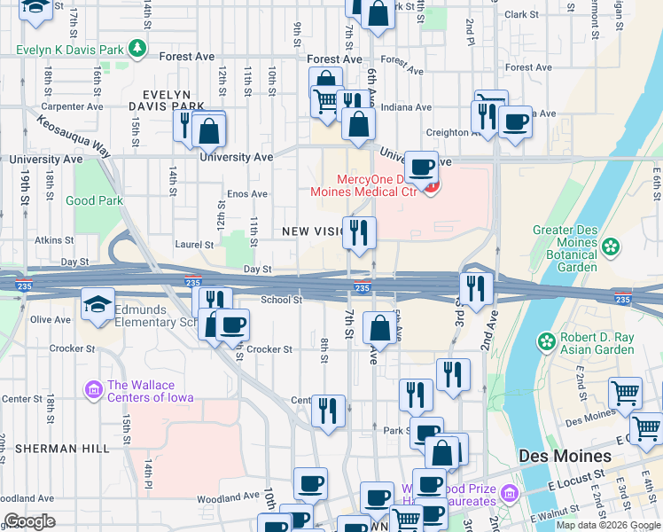 map of restaurants, bars, coffee shops, grocery stores, and more near in Des Moines