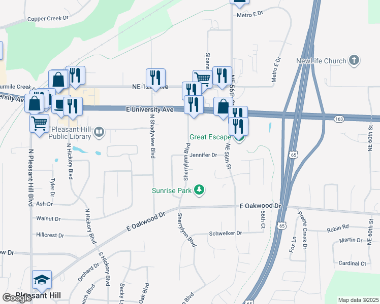 map of restaurants, bars, coffee shops, grocery stores, and more near 5300 Jennifer Drive in Pleasant Hill