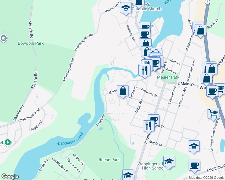 map of restaurants, bars, coffee shops, grocery stores, and more near 2 Dutchess Terrace in Wappingers Falls