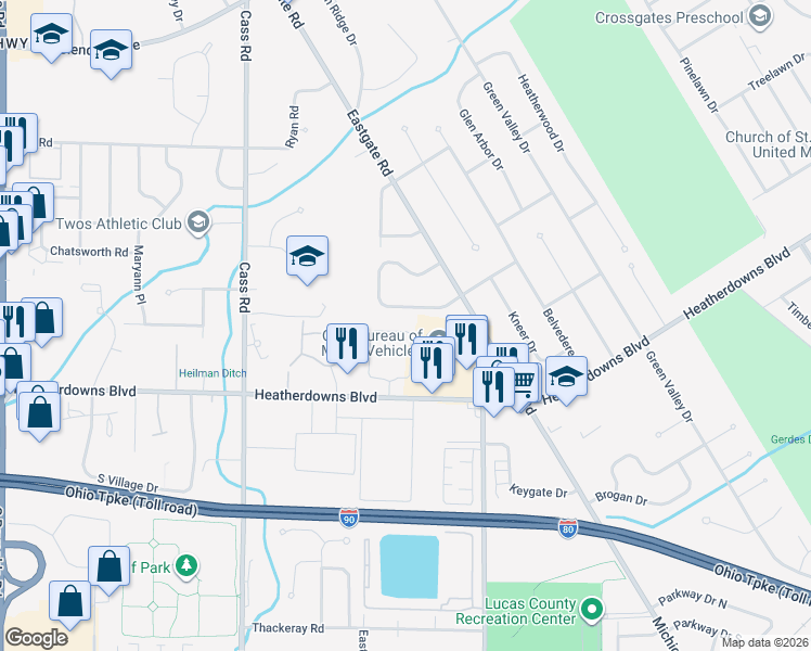 map of restaurants, bars, coffee shops, grocery stores, and more near 4528 Heathercove Place in Toledo