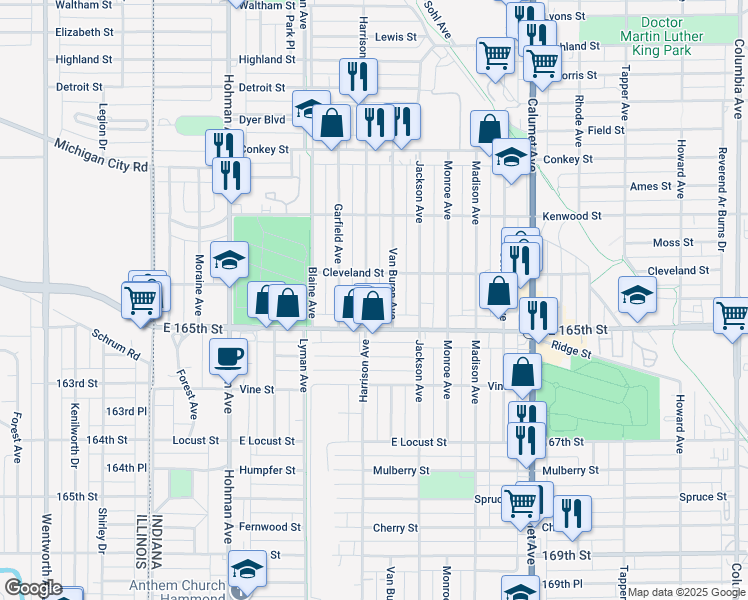 map of restaurants, bars, coffee shops, grocery stores, and more near 6425 Harrison Avenue in Hammond