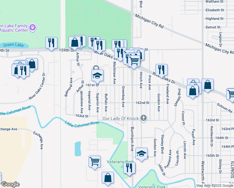 map of restaurants, bars, coffee shops, grocery stores, and more near 1319 Mackinaw Avenue in Calumet City