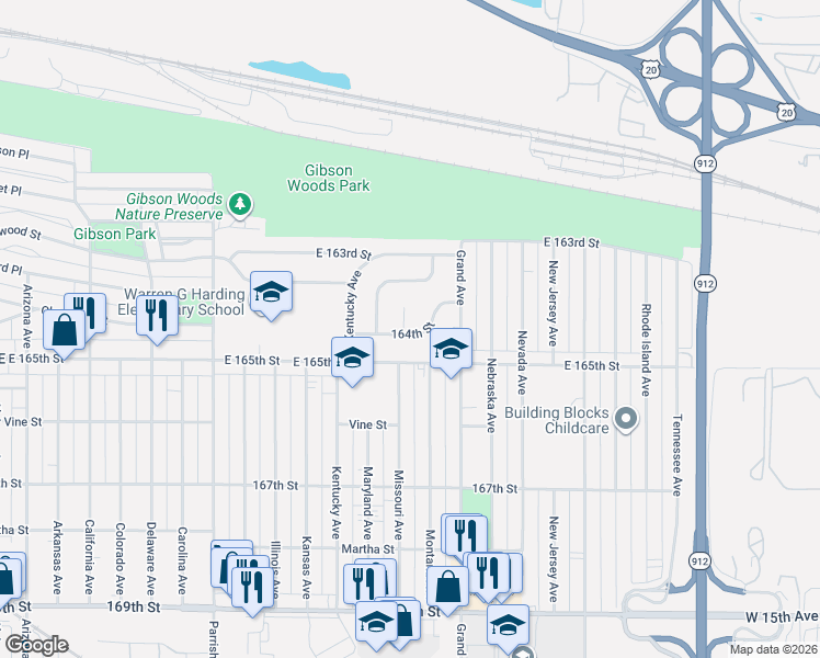 map of restaurants, bars, coffee shops, grocery stores, and more near 3515 164th Street in Hammond