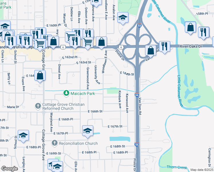 map of restaurants, bars, coffee shops, grocery stores, and more near 1163 East 164th Place in South Holland