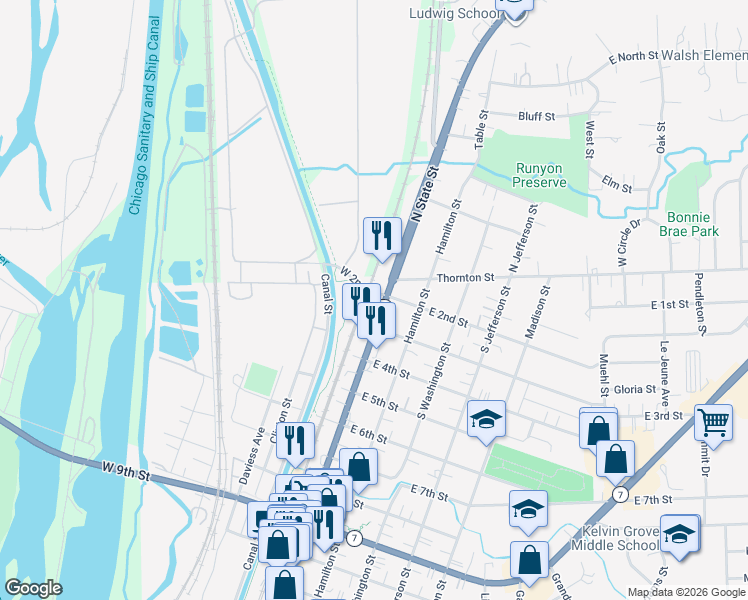 map of restaurants, bars, coffee shops, grocery stores, and more near 201 South State Street in Lockport