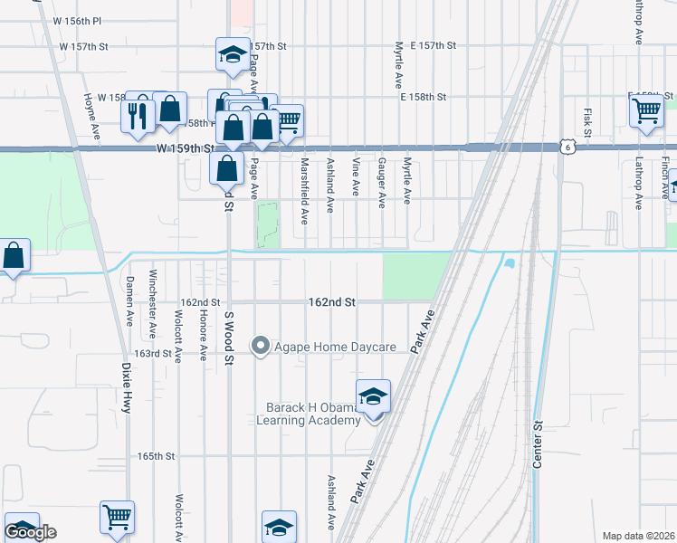 map of restaurants, bars, coffee shops, grocery stores, and more near 16125 Ashland Avenue in Markham