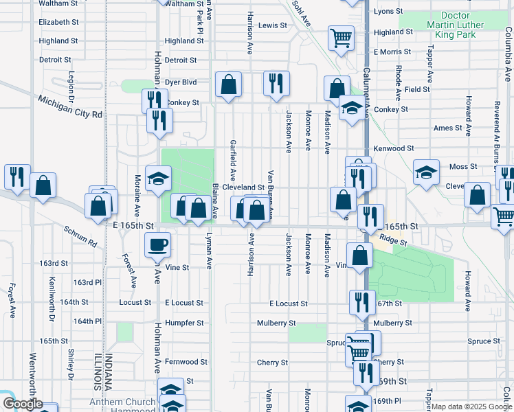 map of restaurants, bars, coffee shops, grocery stores, and more near 6425 Harrison Avenue in Hammond