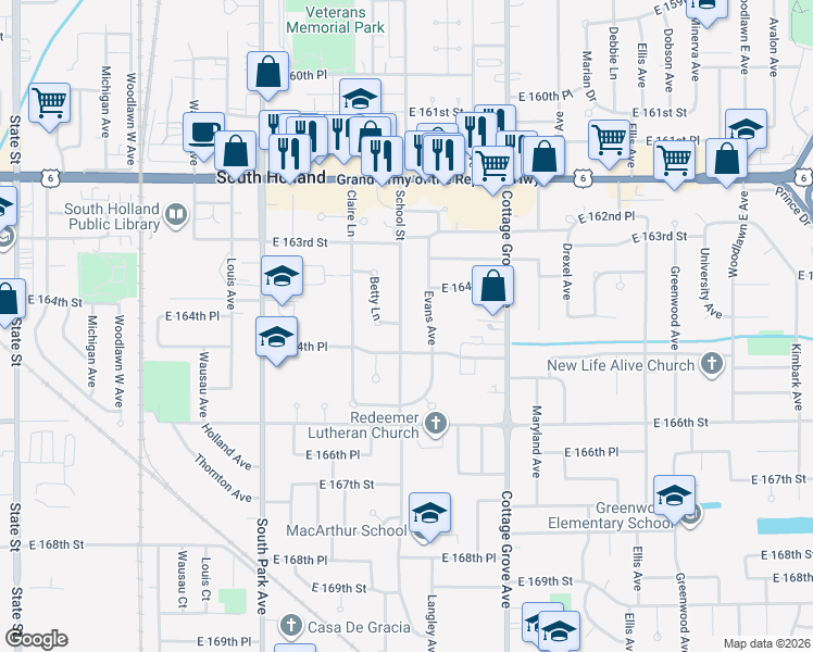 map of restaurants, bars, coffee shops, grocery stores, and more near 16419 School Street in South Holland