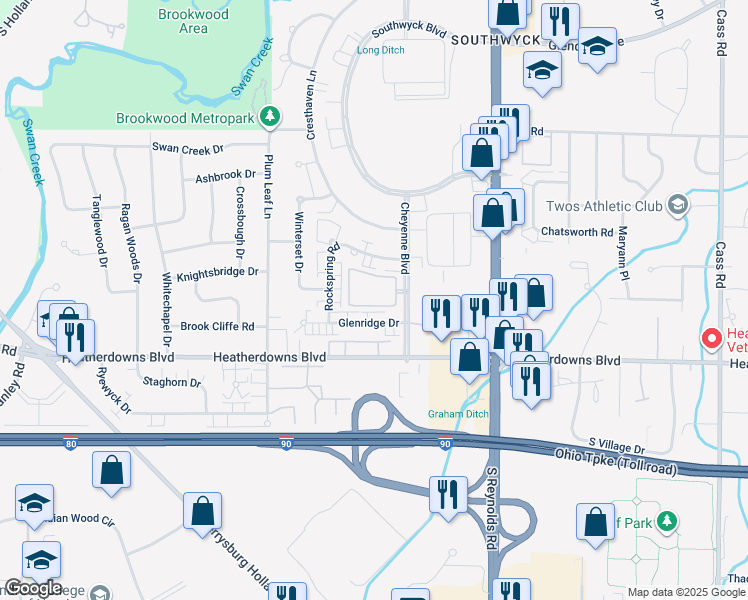 map of restaurants, bars, coffee shops, grocery stores, and more near 2406 Cheyenne Boulevard in Toledo