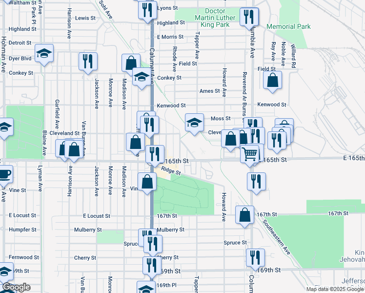 map of restaurants, bars, coffee shops, grocery stores, and more near 6424 Woodward Ave in Hammond