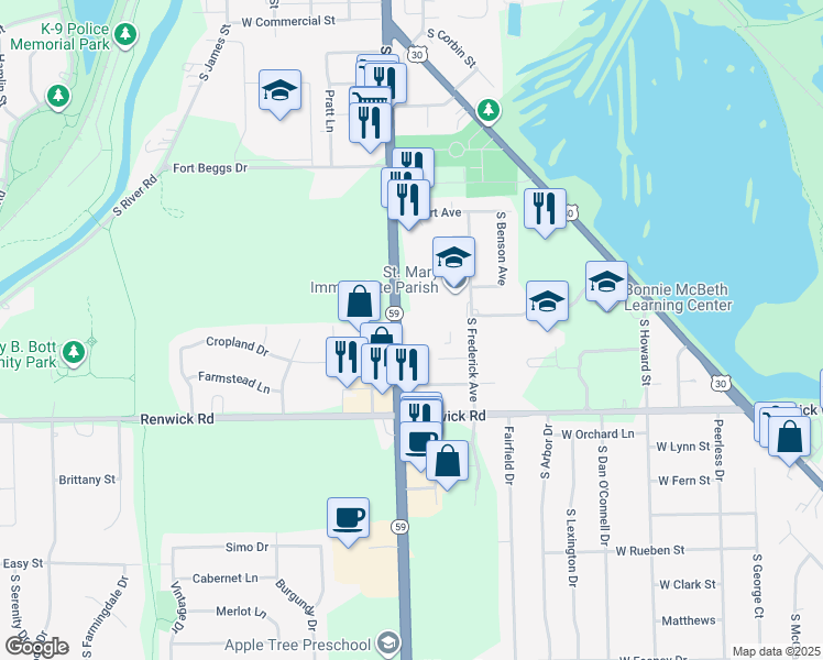 map of restaurants, bars, coffee shops, grocery stores, and more near 15719 Division Street in Plainfield