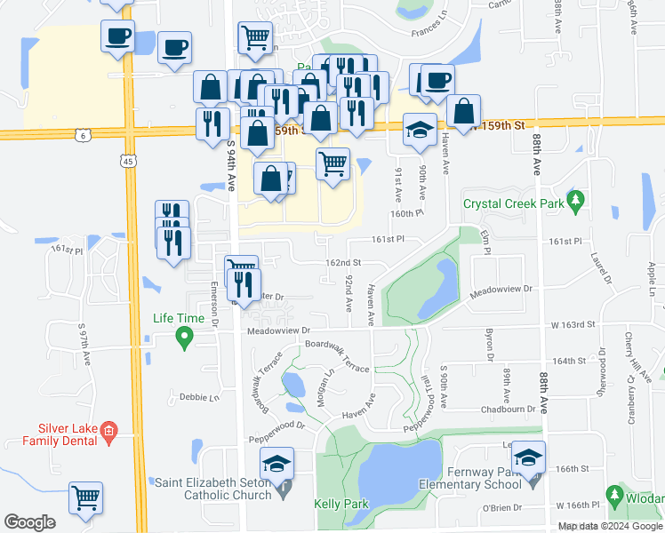 map of restaurants, bars, coffee shops, grocery stores, and more near 16201 Fox Court in Orland Hills