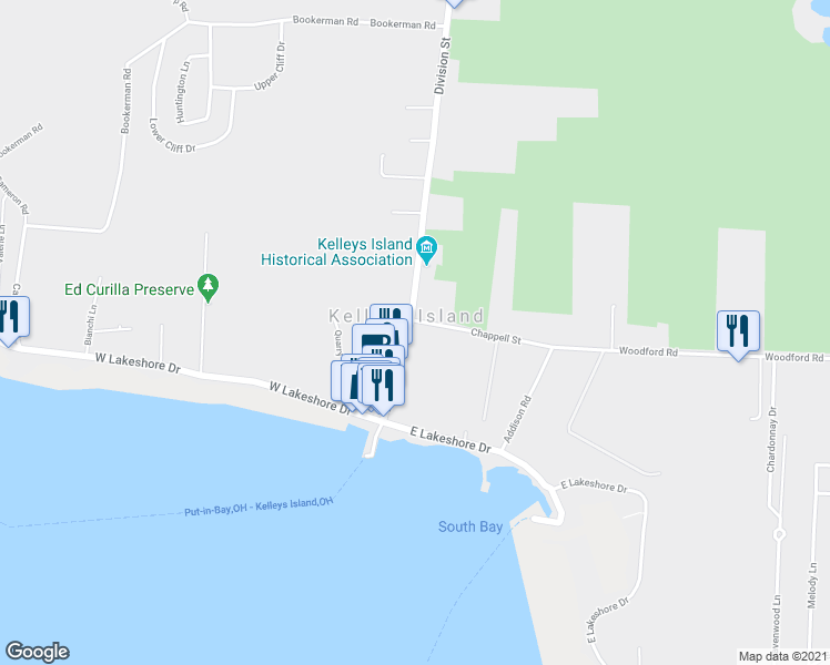 map of restaurants, bars, coffee shops, grocery stores, and more near 146 Division Street in Kelleys Island