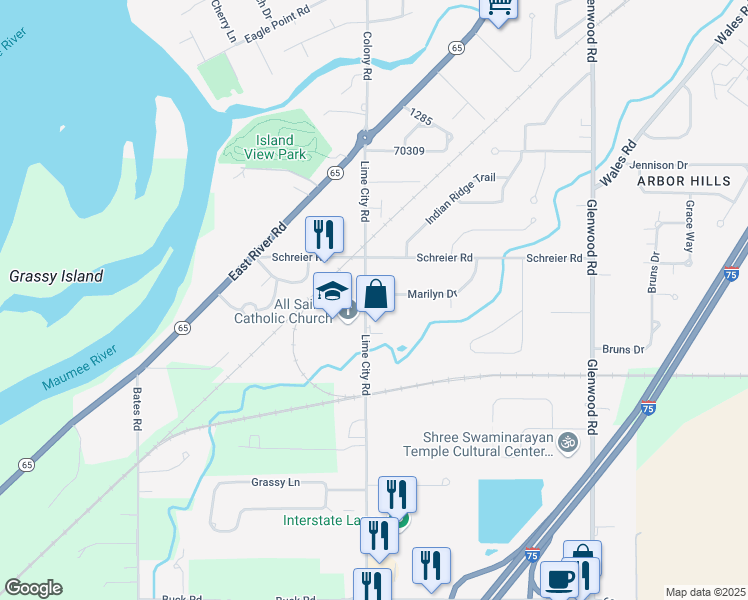 map of restaurants, bars, coffee shops, grocery stores, and more near 651 Marilyn Drive in Rossford