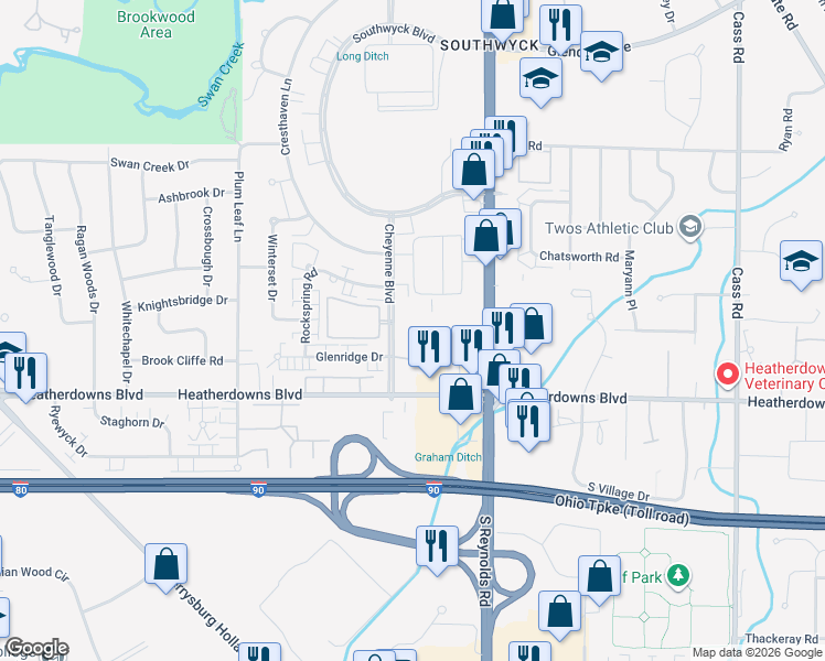 map of restaurants, bars, coffee shops, grocery stores, and more near 2415 Cheyenne Boulevard in Toledo