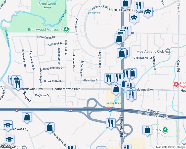 map of restaurants, bars, coffee shops, grocery stores, and more near 2406 Cheyenne Boulevard in Toledo