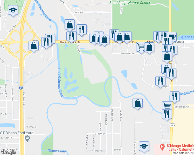 map of restaurants, bars, coffee shops, grocery stores, and more near 400 Park Avenue in Calumet City
