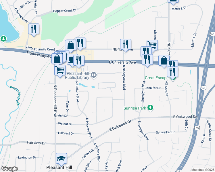 map of restaurants, bars, coffee shops, grocery stores, and more near 555 North Walnut Boulevard in Pleasant Hill