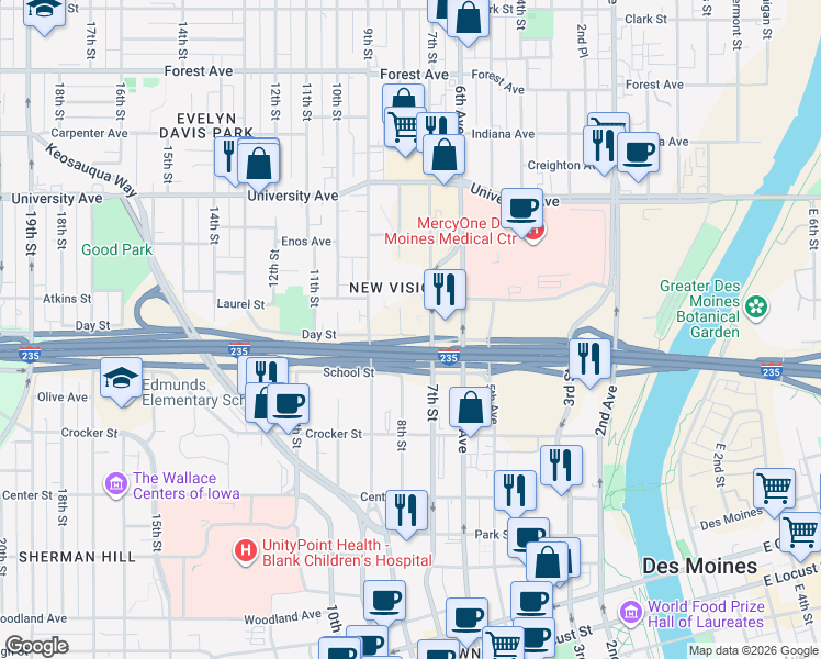 map of restaurants, bars, coffee shops, grocery stores, and more near in Des Moines