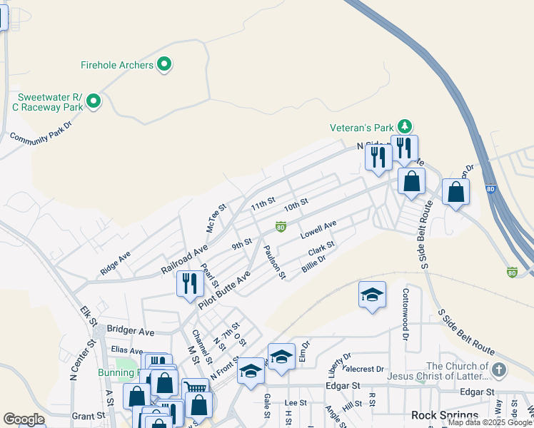 map of restaurants, bars, coffee shops, grocery stores, and more near 1213 10th Street in Rock Springs