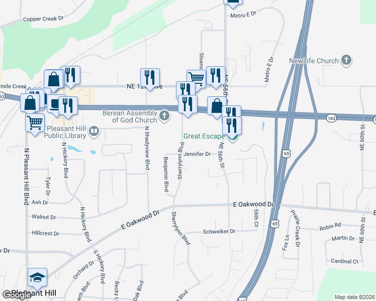 map of restaurants, bars, coffee shops, grocery stores, and more near 5300 Jennifer Drive in Pleasant Hill