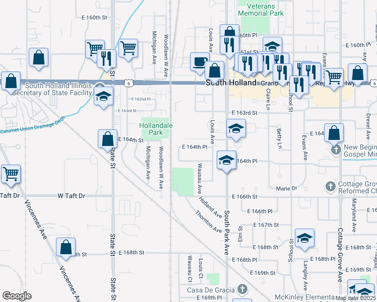 map of restaurants, bars, coffee shops, grocery stores, and more near 243 East 164th Place in South Holland