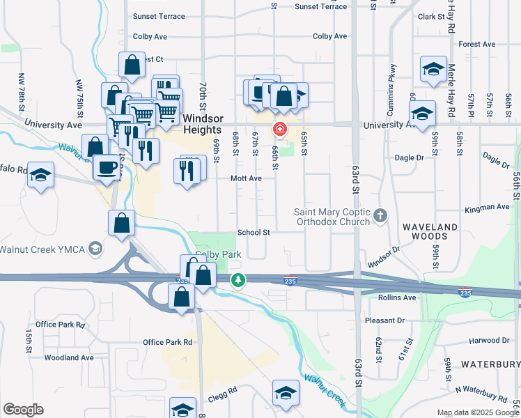 map of restaurants, bars, coffee shops, grocery stores, and more near 1019 67th Street in Windsor Heights