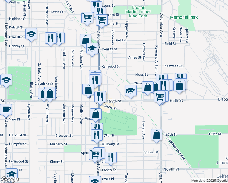 map of restaurants, bars, coffee shops, grocery stores, and more near 6424 Woodward Avenue in Hammond