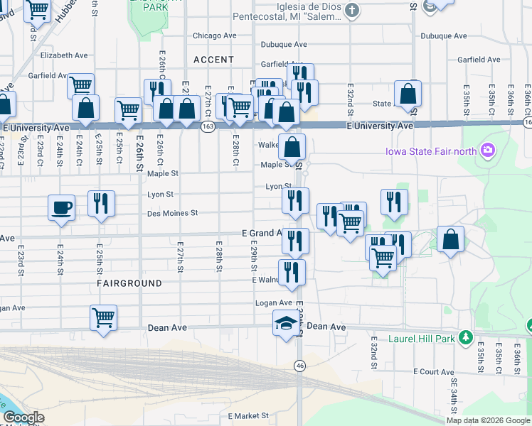 map of restaurants, bars, coffee shops, grocery stores, and more near 2901 Des Moines Street in Des Moines