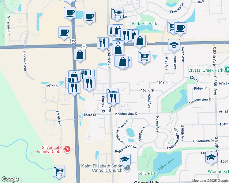 map of restaurants, bars, coffee shops, grocery stores, and more near 16213 94th Avenue in Orland Hills