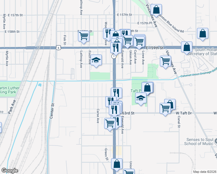 map of restaurants, bars, coffee shops, grocery stores, and more near 16123 Woodbridge Avenue in Harvey