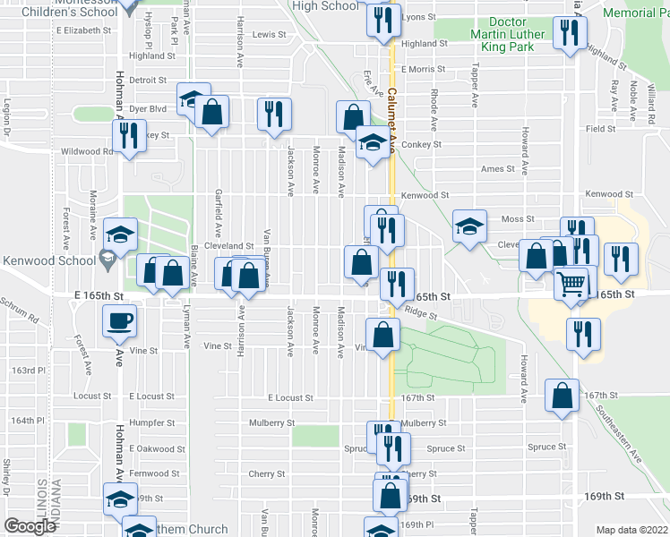 map of restaurants, bars, coffee shops, grocery stores, and more near 6422 Madison Ave in Hammond