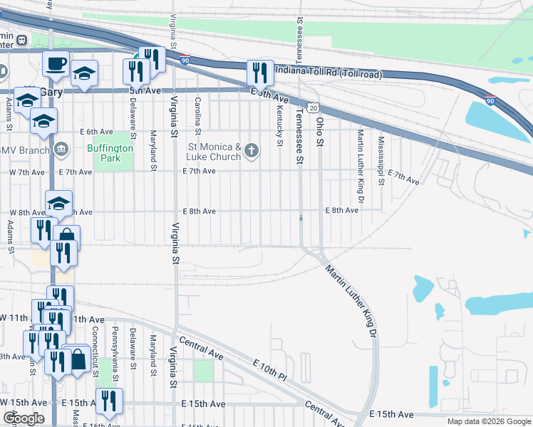 map of restaurants, bars, coffee shops, grocery stores, and more near 801 Vermont Street in Gary