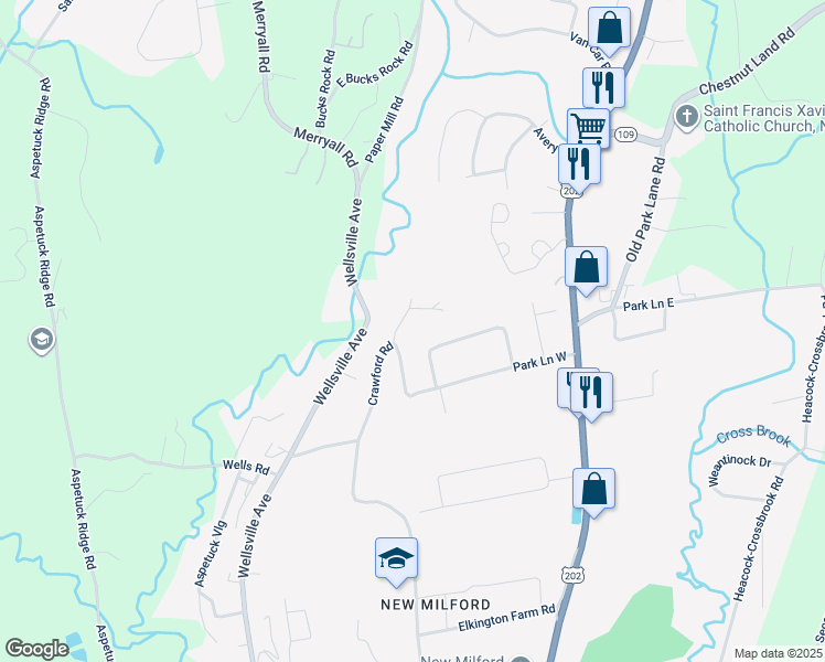 map of restaurants, bars, coffee shops, grocery stores, and more near 2 Santa Lane in New Milford