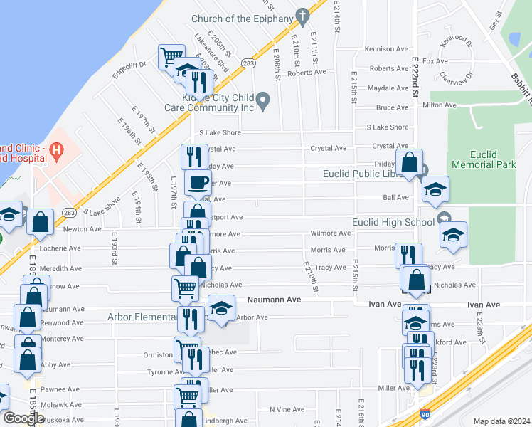 map of restaurants, bars, coffee shops, grocery stores, and more near 20707 Westport Avenue in Euclid