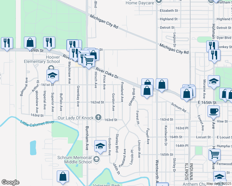 map of restaurants, bars, coffee shops, grocery stores, and more near 1321 Gordon Avenue in Calumet City