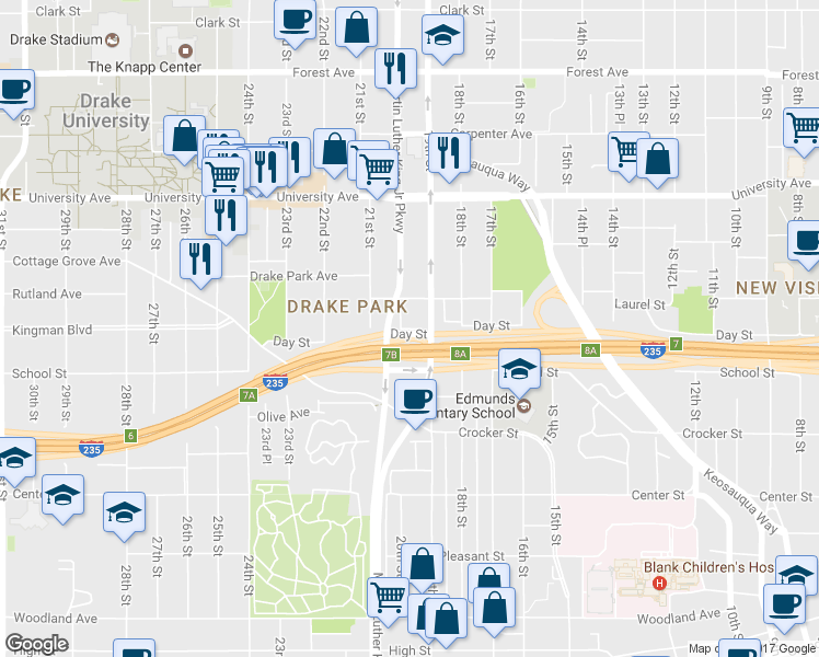 map of restaurants, bars, coffee shops, grocery stores, and more near 1035 Martin Luther King Junior Parkway in Des Moines