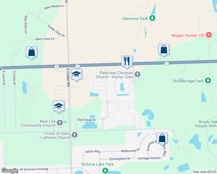 map of restaurants, bars, coffee shops, grocery stores, and more near 16037 Syd Creek Drive in Homer Glen
