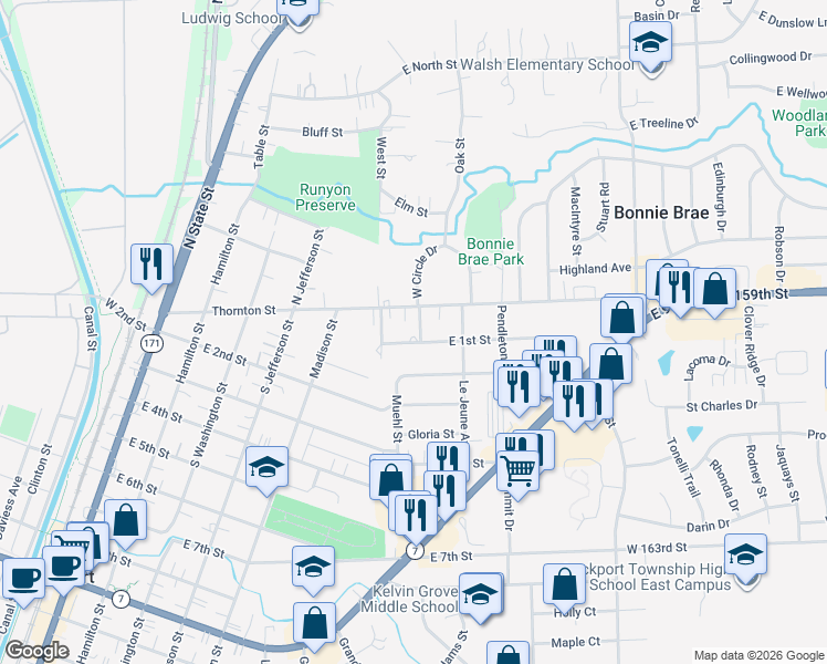 map of restaurants, bars, coffee shops, grocery stores, and more near 610 East 1st Street in Lockport