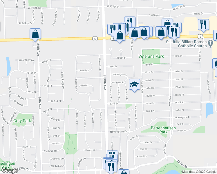 map of restaurants, bars, coffee shops, grocery stores, and more near 16212 Princeton Avenue in Tinley Park